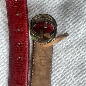 Gucci Red Leather Belt with Silver Double G Buckle